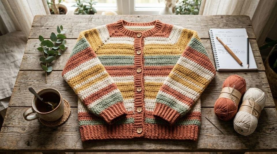 Crochet craft hub, handmade striped cardigan and cotton yarn