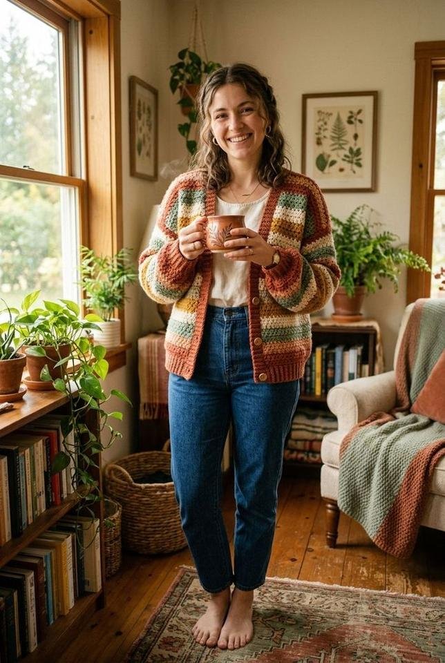 Sara in her cottage studio holding handmade craft piece