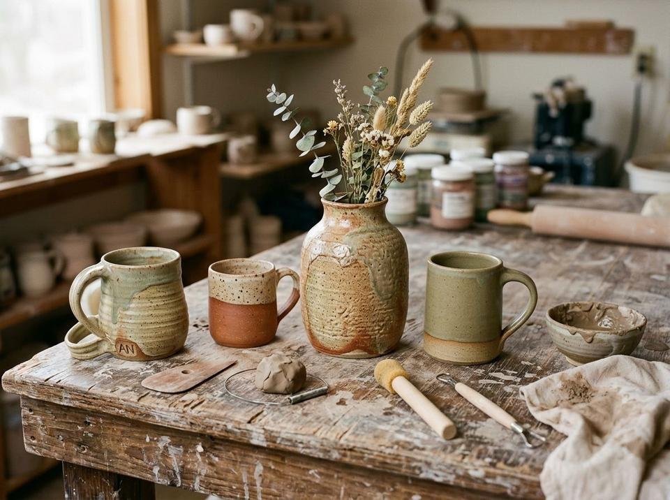 Pottery and ceramics hub, handmade mugs and vase